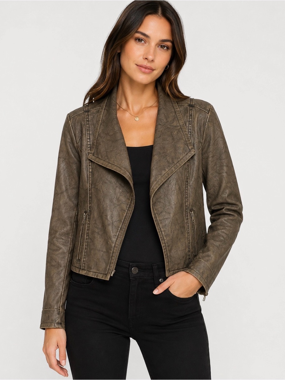 Jack by BB Dakota Brown Faux Leather Draped Moto Jacket Size S